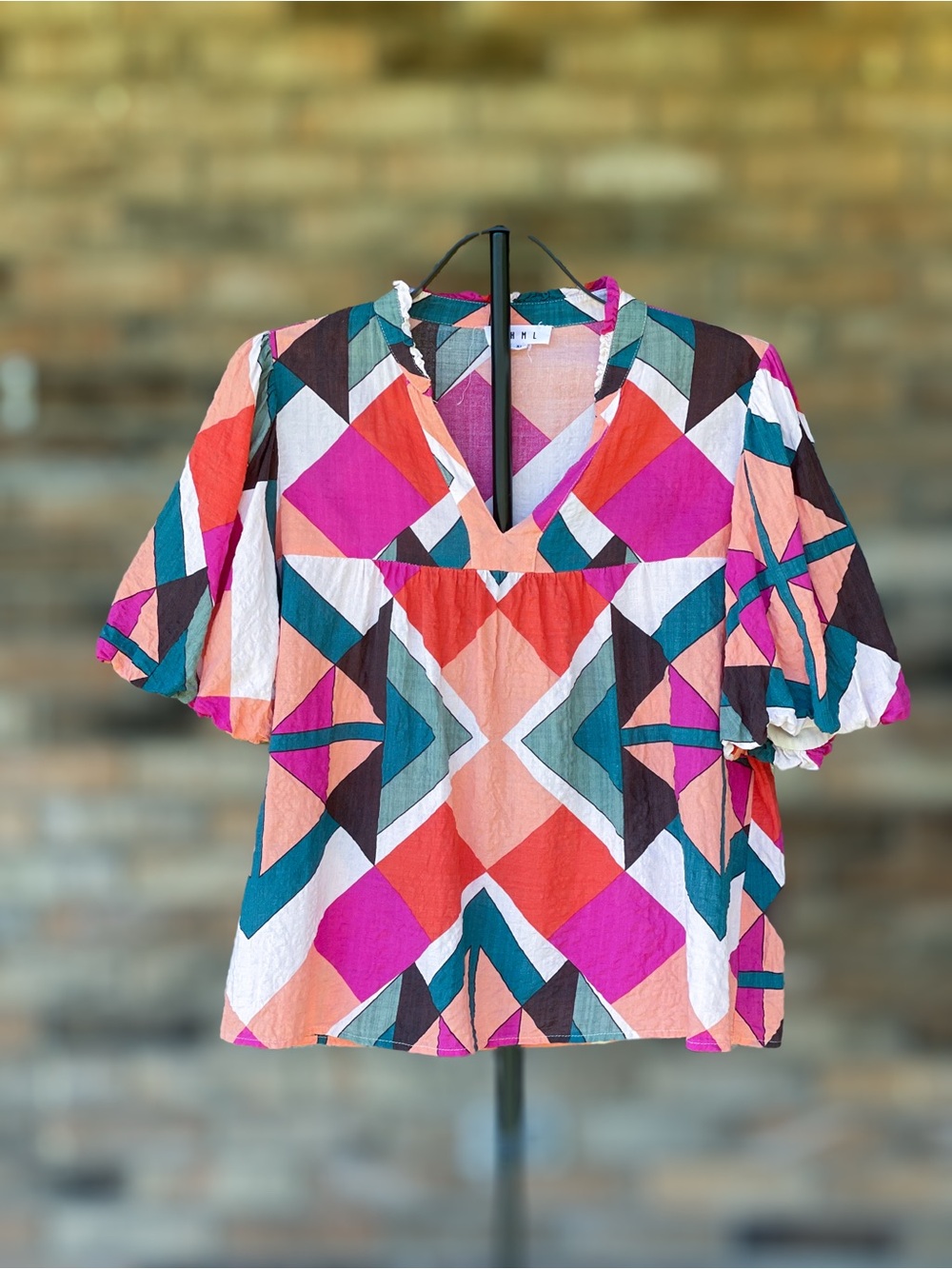 THML XL Multicolor Geometric Print Ruffle Sleeve Blouse